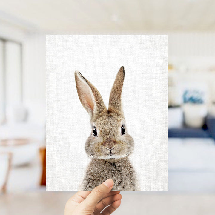 A hand is holding up a square print featuring a close-up of a rabbit's face.