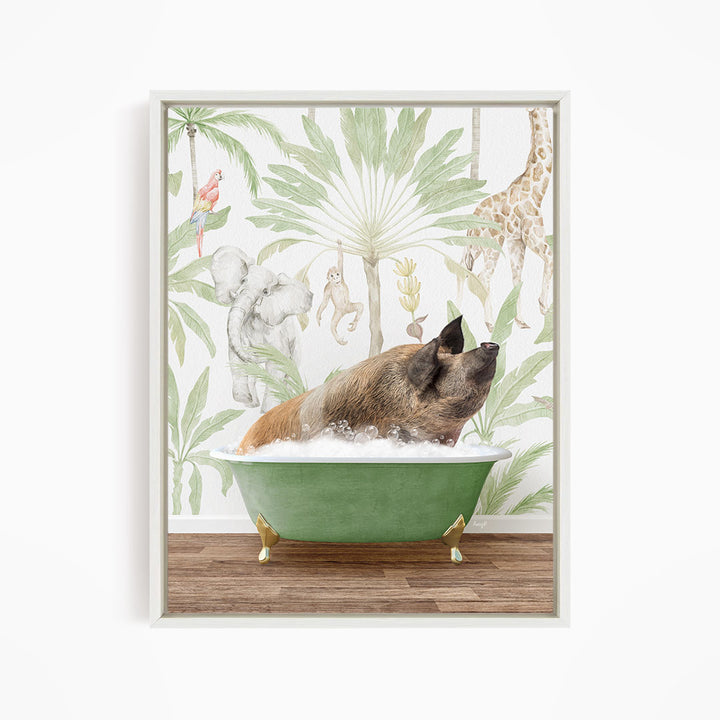A pig is sitting in a green bathtub filled with water, surrounded by a tropical jungle scene with various animals such as a giraffe, parrot, and elephant.