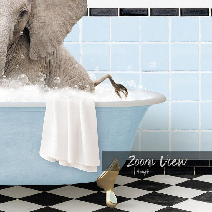 A large elephant is sitting in a blue bathtub filled with bubbles, surrounded by a checkered black and white floor.