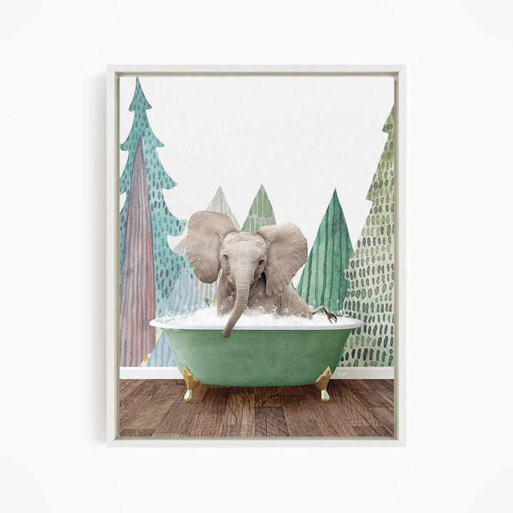 A gray elephant is sitting in a green bathtub, surrounded by trees with green and brown leaves, creating a whimsical and playful scene.