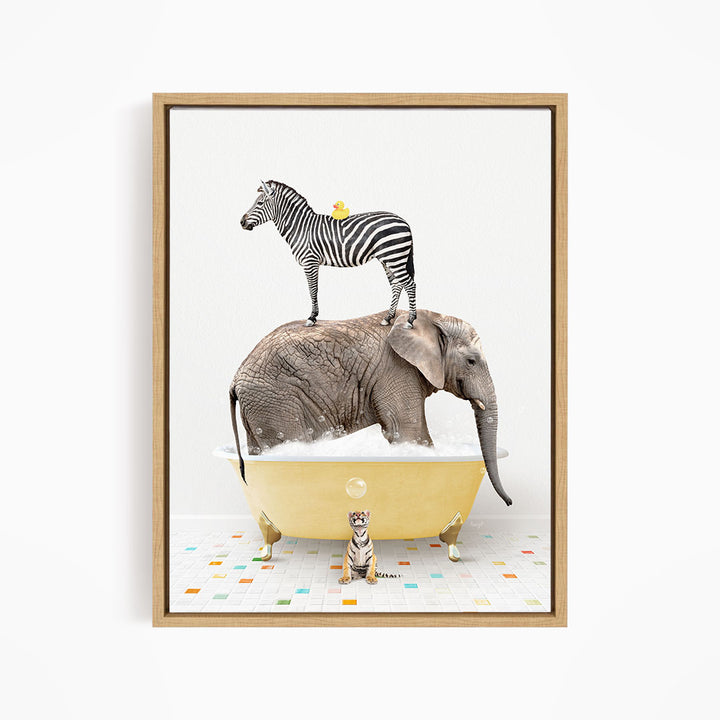 A zebra stands on the back of an elephant, which is submerged in a yellow bathtub, with a small tiger sitting nearby.