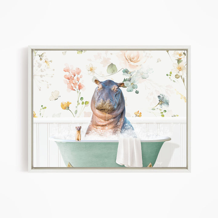 A hippopotamus sitting in a bathtub filled with water, surrounded by flowers and other decorative elements.