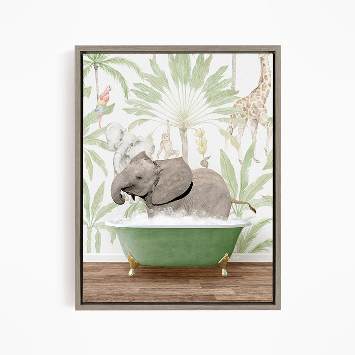 A gray elephant is sitting in a green bathtub, surrounded by tropical foliage and animals, including a giraffe and a parrot.