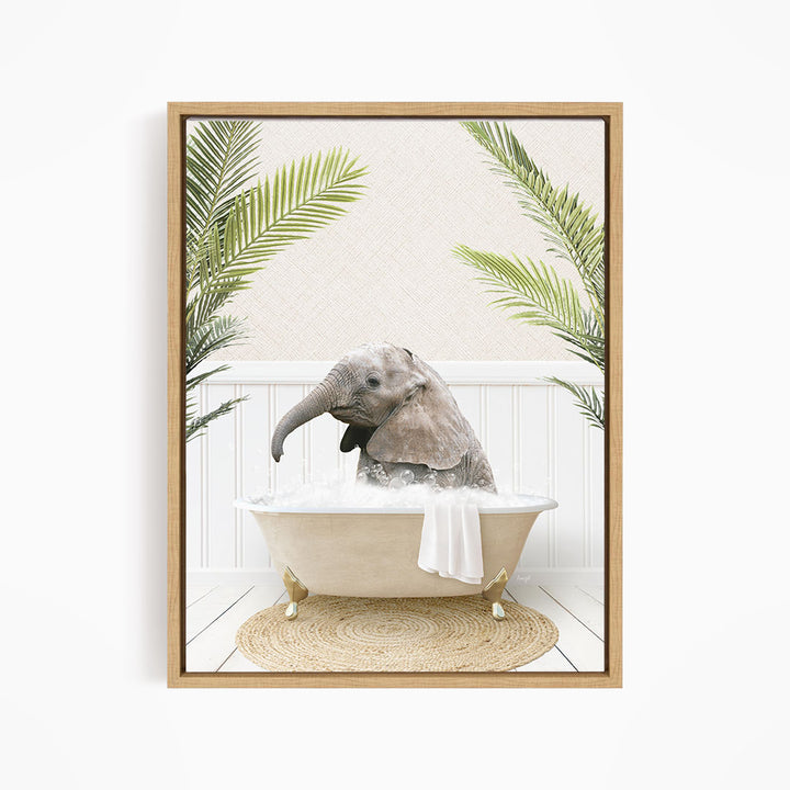 A baby elephant sitting in a bathtub filled with water, surrounded by palm leaves, creating a whimsical and playful scene.