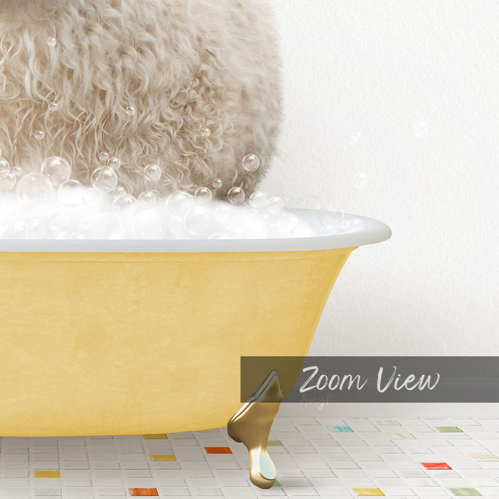 A fluffy white dog is sitting in a yellow bathtub filled with bubbles, with a text overlay that reads "Zoom View".