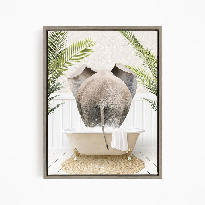 An elephant is taking a bath in a bathtub, surrounded by palm leaves and a woven mat.