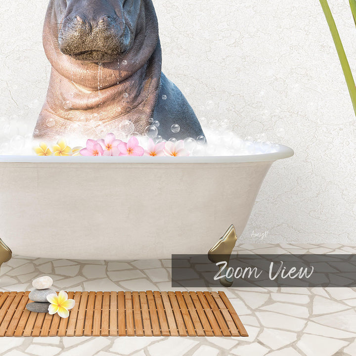 A large hippopotamus is sitting in a bathtub filled with bubbles, surrounded by pink and yellow flowers.