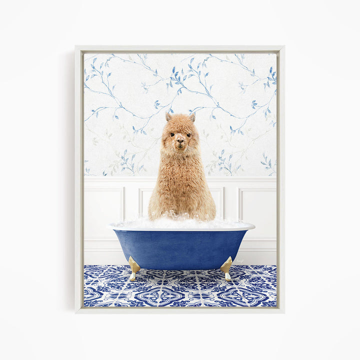 A fluffy brown dog sitting in a blue bathtub filled with bubbles, with a blue and white patterned tile floor in the background.