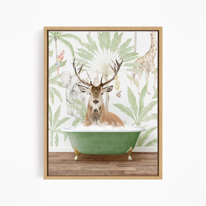 A deer with antlers is sitting in a green bathtub, surrounded by tropical foliage and animals, including a giraffe and a parrot.