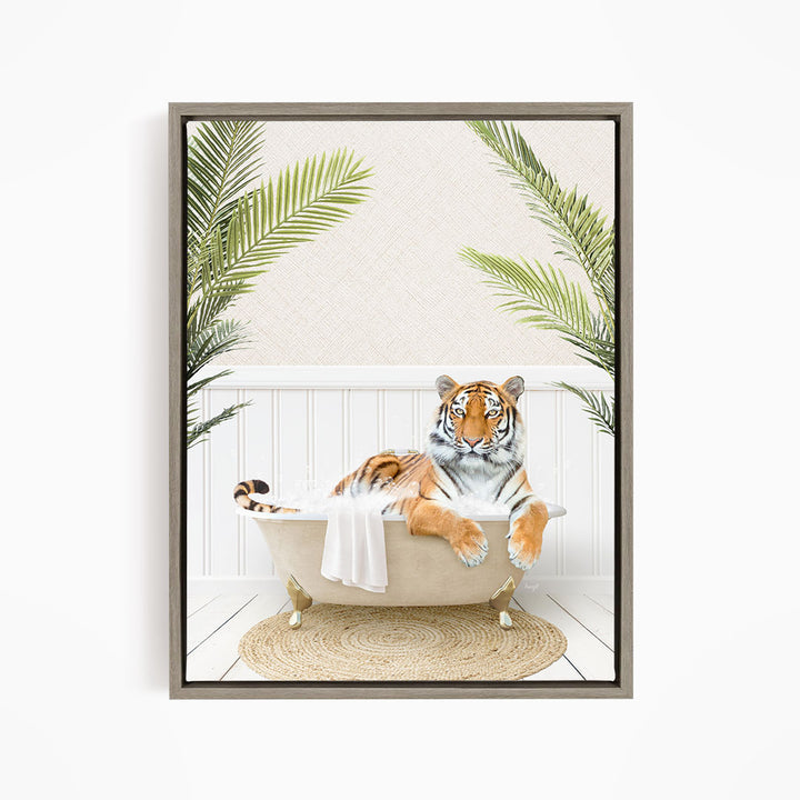 A tiger is sitting in a bathtub filled with water, surrounded by palm leaves, creating a whimsical and playful scene.