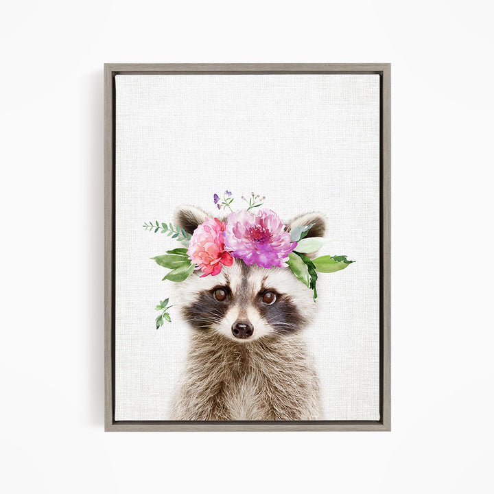 A raccoon wearing a floral crown of pink and purple flowers.