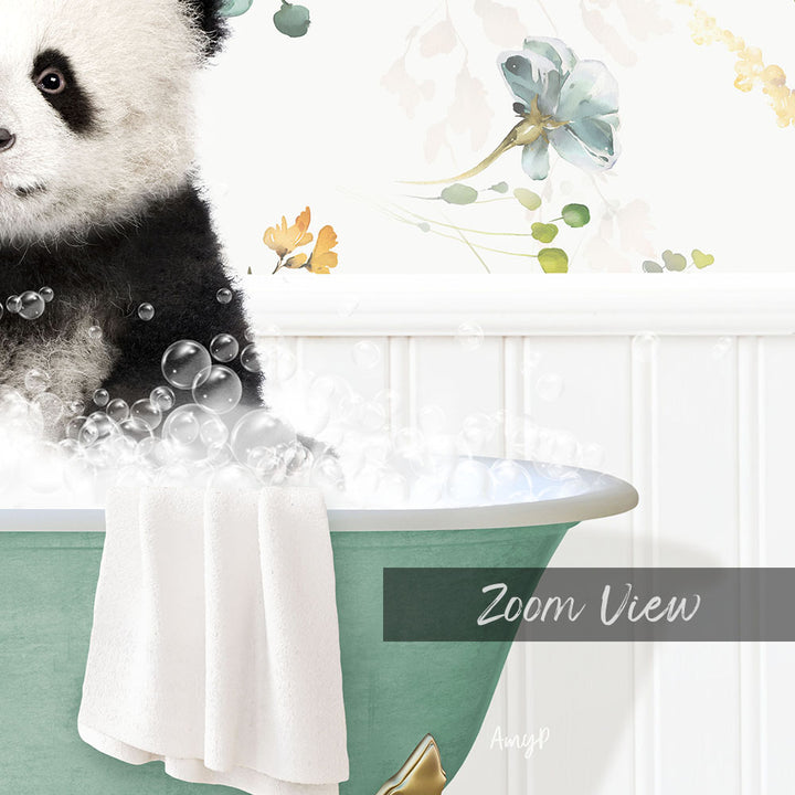 A panda bear sitting in a bathtub filled with bubbles, surrounded by a floral wallpaper.