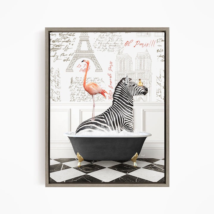 A zebra sitting in a bathtub, with a pink flamingo standing on its back, against a backdrop of the Eiffel Tower and other Parisian landmarks.