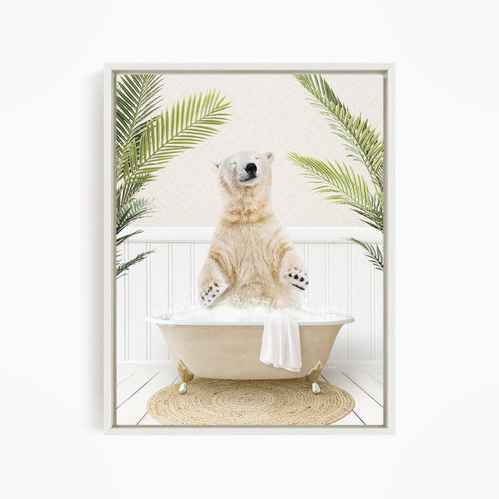A polar bear sitting in a bathtub filled with water, surrounded by palm leaves, creating a whimsical and playful scene.