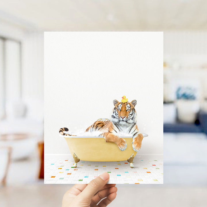 A tiger is sitting in a yellow bathtub, wearing a crown, and appears to be enjoying a relaxing bath.