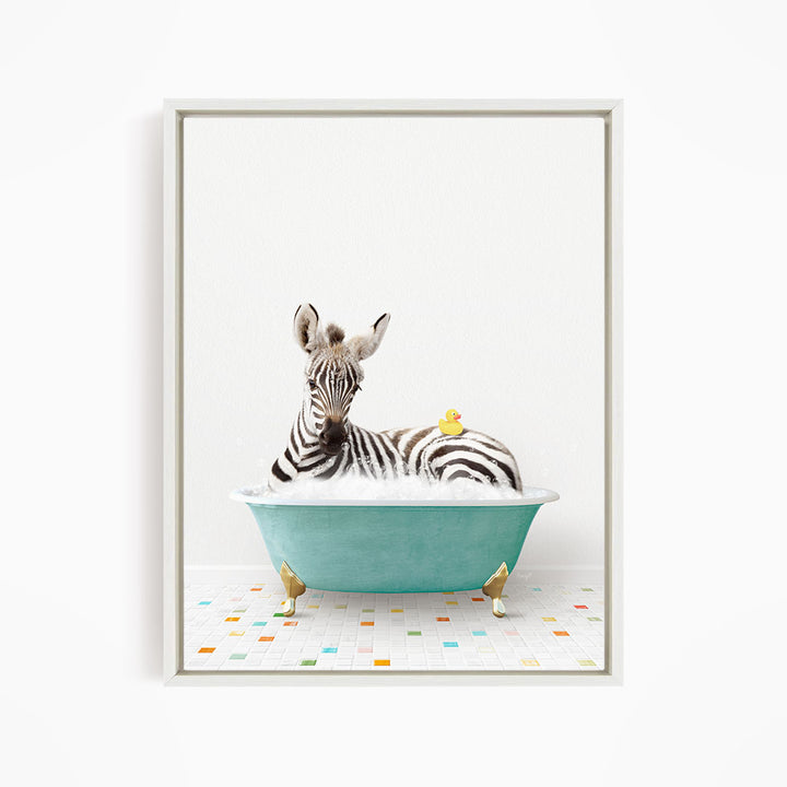A zebra is sitting in a green bathtub, with a yellow rubber duck resting on its back.