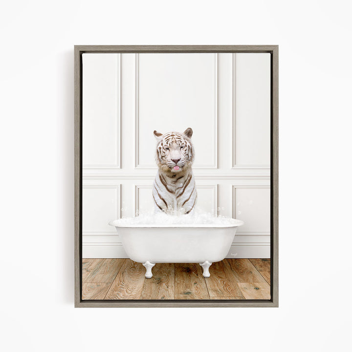 A white tiger sitting in a white bathtub, with its head above the water, creating a whimsical and playful scene.