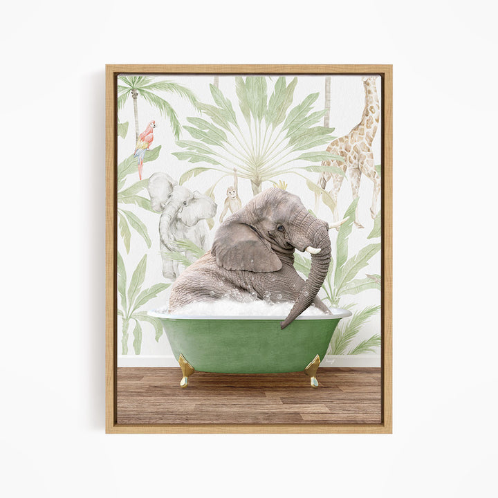 A framed illustration depicting an elephant sitting in a green bathtub, surrounded by tropical foliage and other animals.