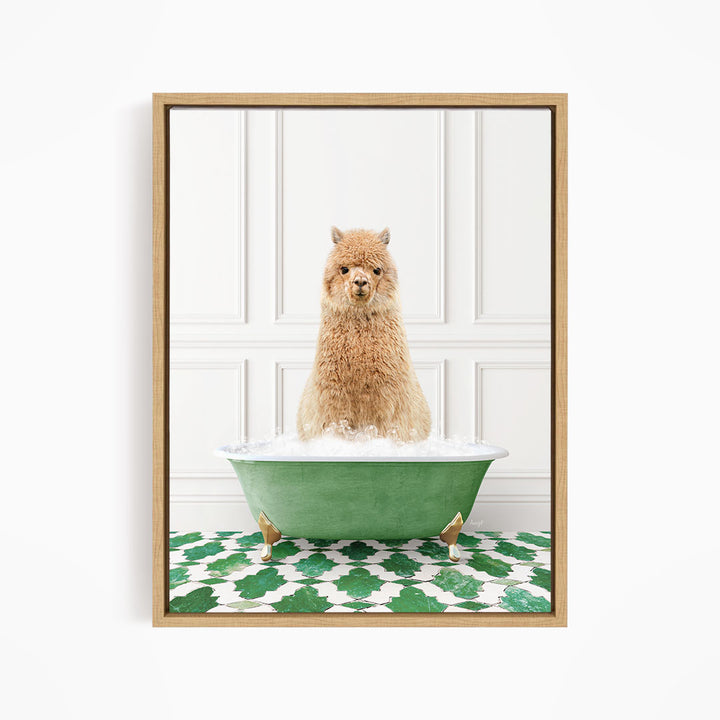 A fluffy brown dog sitting in a green bathtub filled with bubbles, surrounded by a green and white patterned floor.