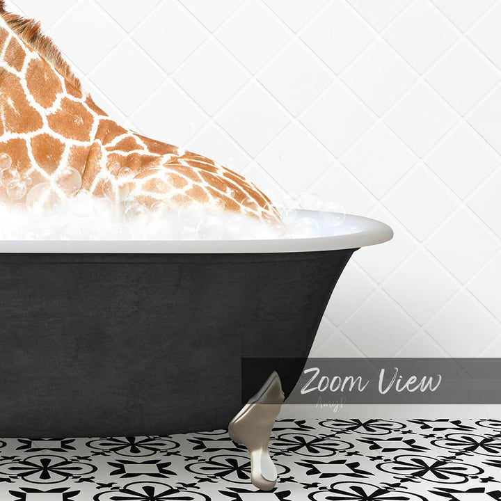 A giraffe is sitting in a bathtub filled with water, surrounded by a patterned tile floor.