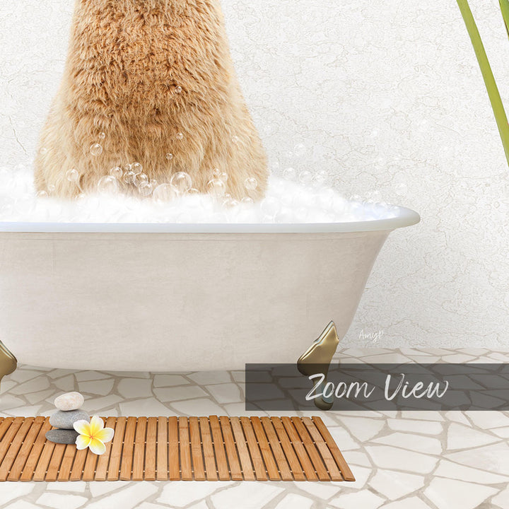 A fluffy brown cat sitting in a white bathtub filled with bubbles, surrounded by a wooden mat and a yellow flower.