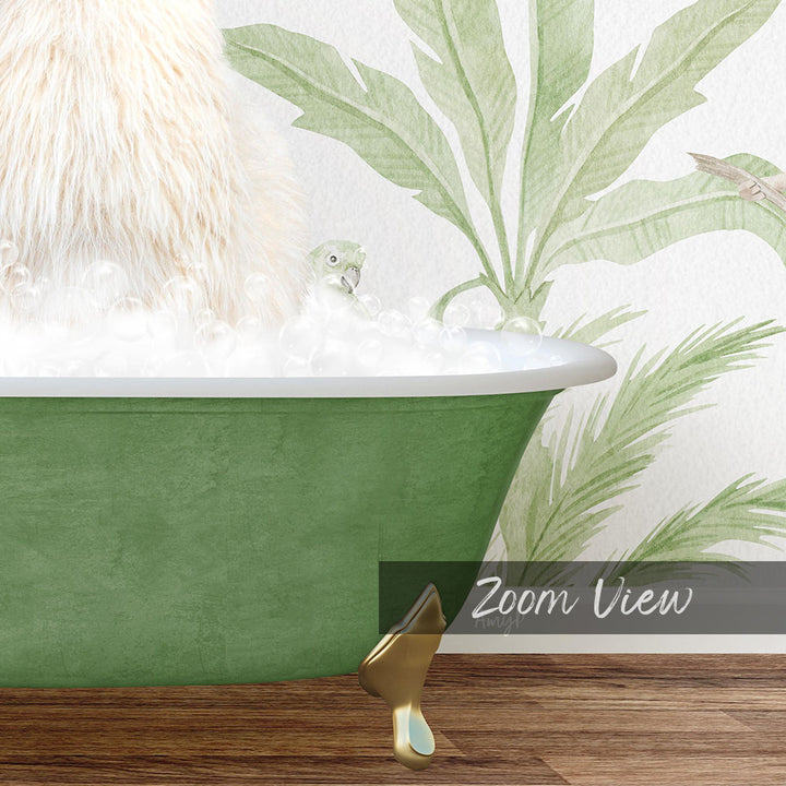 A fluffy white cat is sitting in a green bathtub filled with bubbles, with a palm tree wallpaper in the background.