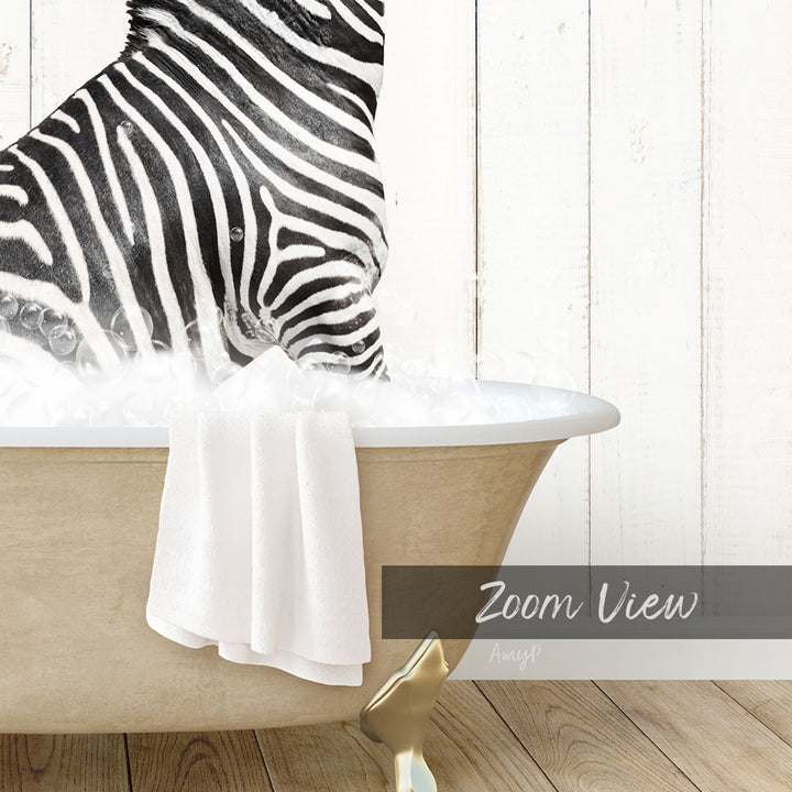 A zebra standing in a bathtub filled with water, with a towel hanging on the side of the tub.