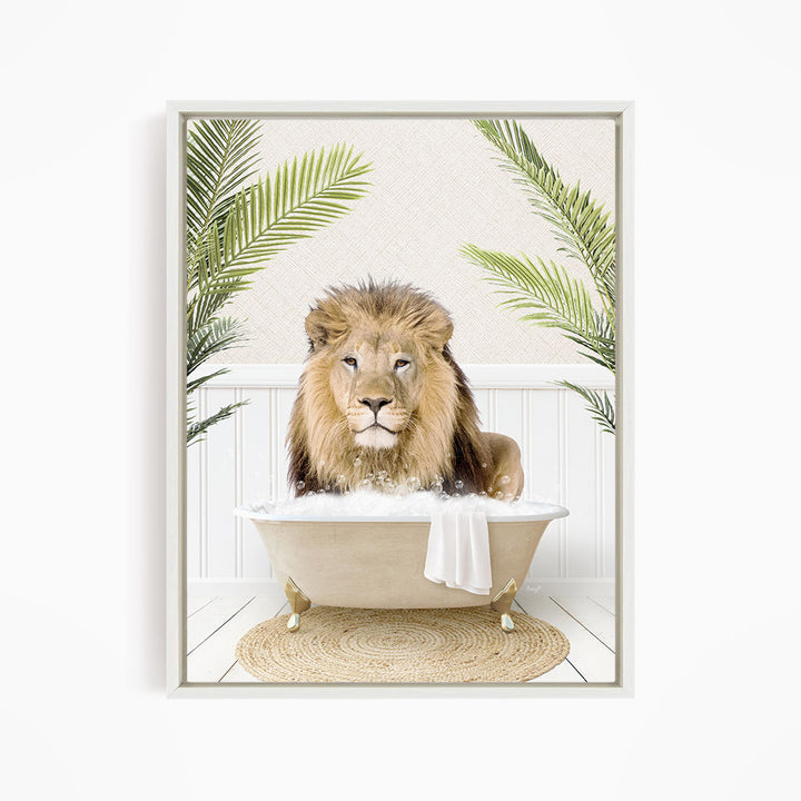 A lion is sitting in a bathtub filled with water, surrounded by palm leaves, creating a whimsical and playful scene.