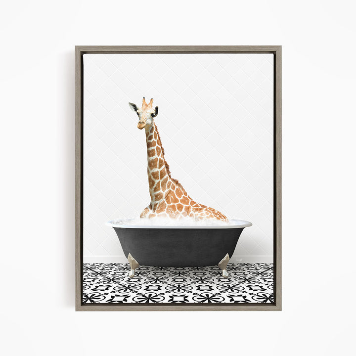A giraffe sitting in a bathtub filled with water, surrounded by a black and white patterned floor.