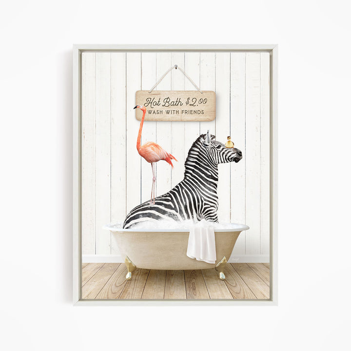 A framed image depicting a zebra sitting in a bathtub, with a flamingo standing on its back and a sign above the bathtub that reads "Hot Bath $2.00 WASH WITH FRIENDS".