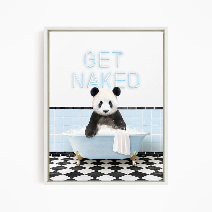 A panda bear sitting in a bathtub with the text "GET NAKED" displayed above it.