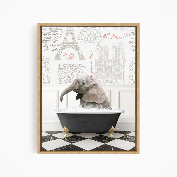 A framed image depicting an elephant sitting in a bathtub filled with water, surrounded by various architectural drawings and text.