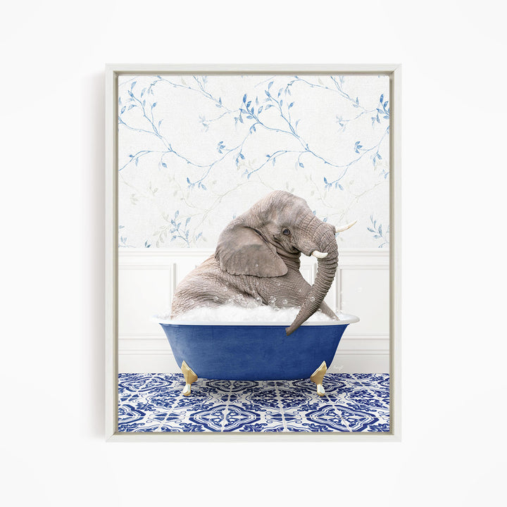 A gray elephant is sitting in a blue bathtub, surrounded by a blue and white patterned floor.