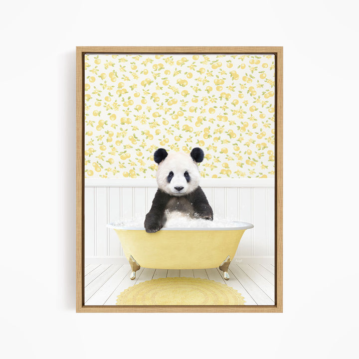 A panda bear sitting in a yellow bathtub, surrounded by a yellow floral wallpaper.