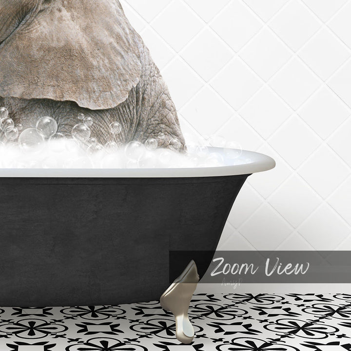 A large elephant is sitting in a bathtub filled with bubbles, creating a whimsical and playful scene.