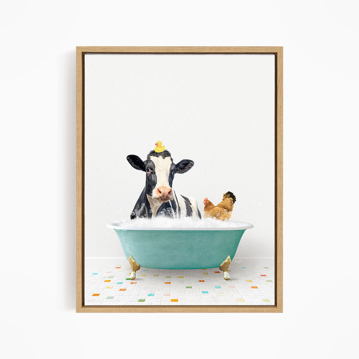A cow with a yellow duck on its head is sitting in a blue bathtub, surrounded by a chicken and a duck.