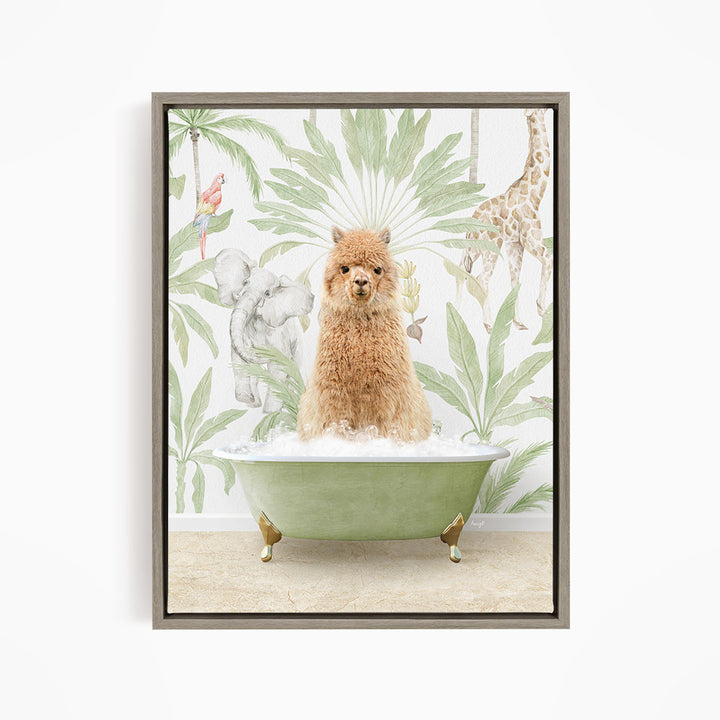 A small brown dog sitting in a green bathtub filled with water, surrounded by tropical plants and animals, such as a giraffe and a parrot.