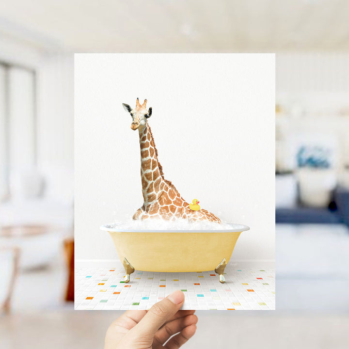 A giraffe sitting in a yellow bathtub filled with bubbles, with a rubber duck floating in the water.