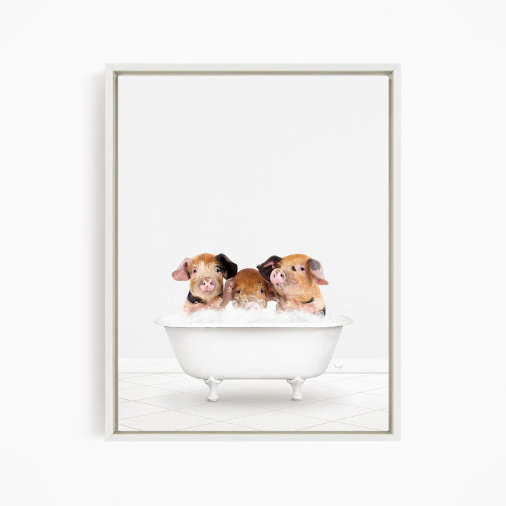 Three adorable pigs sitting in a white bathtub, enjoying a relaxing bath together.