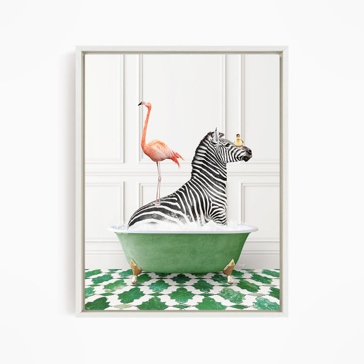 A zebra is sitting in a green bathtub, with a pink flamingo standing on its back and a yellow bird perched on its head.