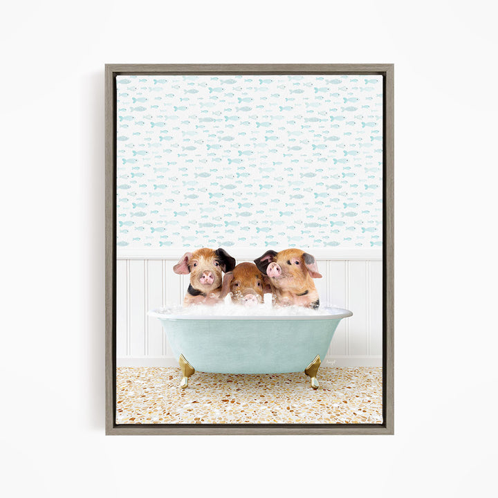 Three adorable pigs sitting in a bathtub filled with water, surrounded by a patterned wallpaper.