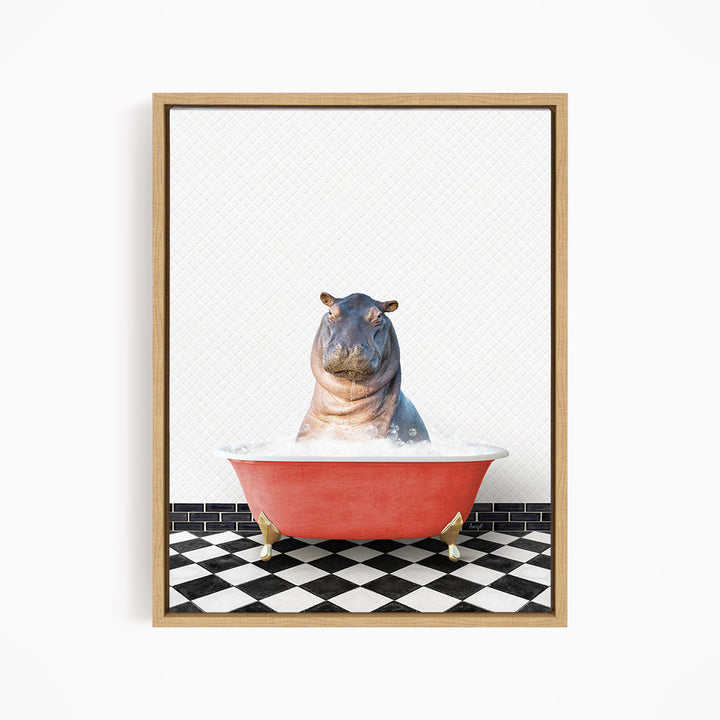 A hippopotamus sitting in a red bathtub filled with water, surrounded by a black and white checkered floor.