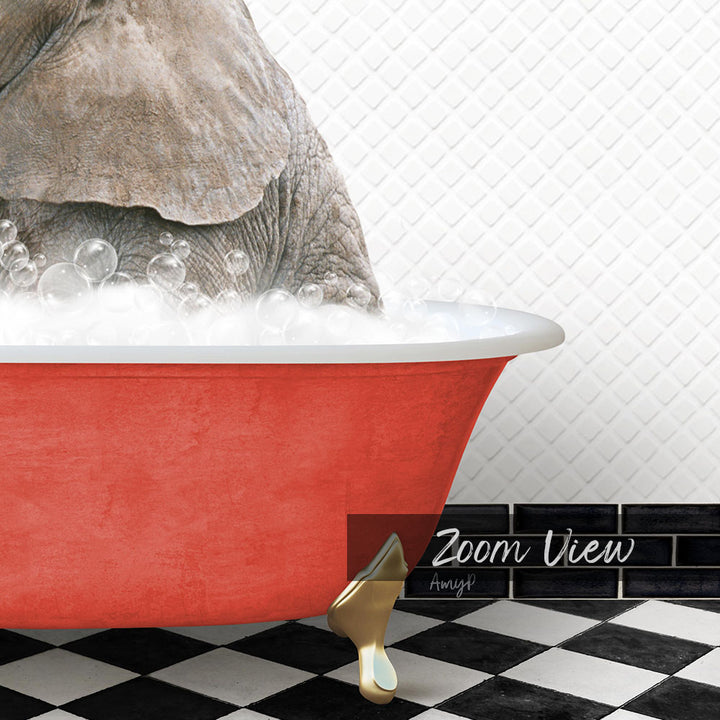 A red bathtub filled with bubbles, with a large elephant sitting inside it.