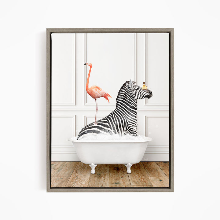 A zebra is sitting in a white bathtub, with a flamingo standing on its back and a bird perched on its head.