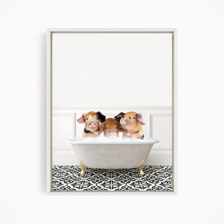 Three adorable pigs sitting in a white bathtub, enjoying a relaxing bath.