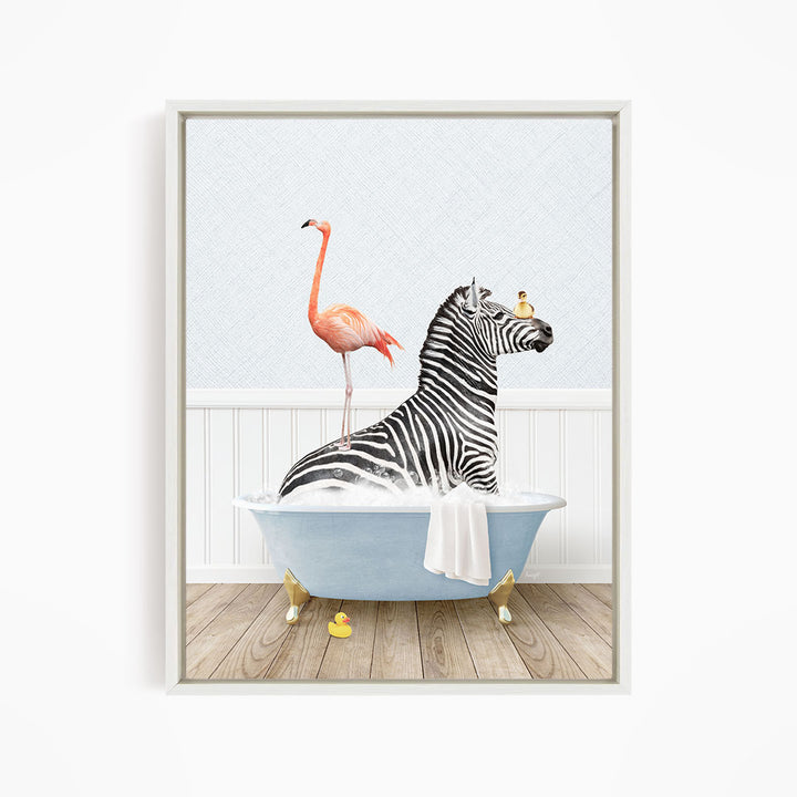 A zebra is sitting in a bathtub, surrounded by a pink flamingo and a yellow rubber duck, creating a whimsical and playful scene.