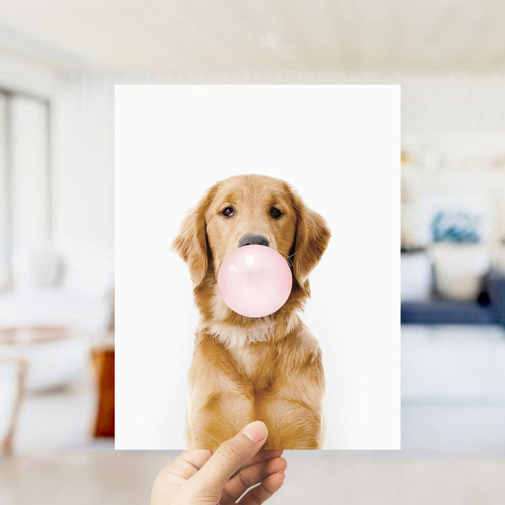 A golden retriever dog is holding a pink bubble gum bubble in its mouth, with a person's hand holding up a picture of the dog in front of a white background.
