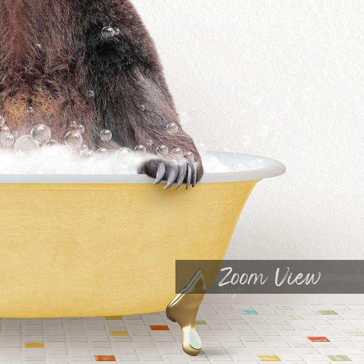 A close-up of a bear's paw in a yellow bathtub filled with bubbles, with the text "Zoom View" overlaid on the image.