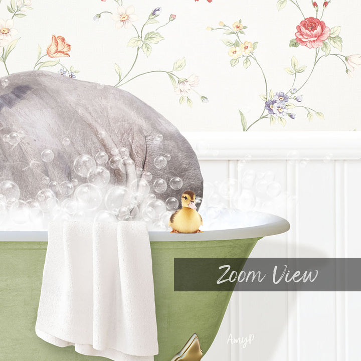 A baby duck sitting in a bathtub filled with bubbles, surrounded by a floral wallpaper.