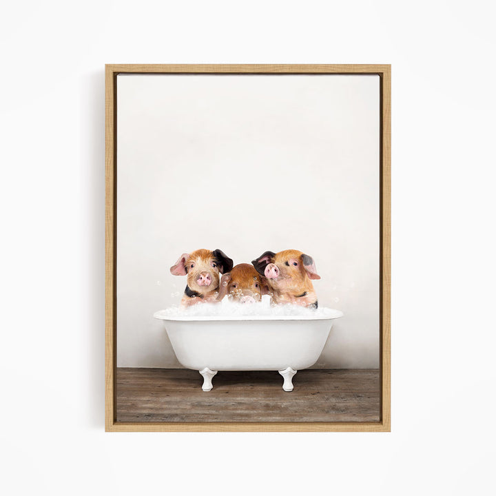Three adorable pigs sitting in a white bathtub, enjoying a relaxing bath together.